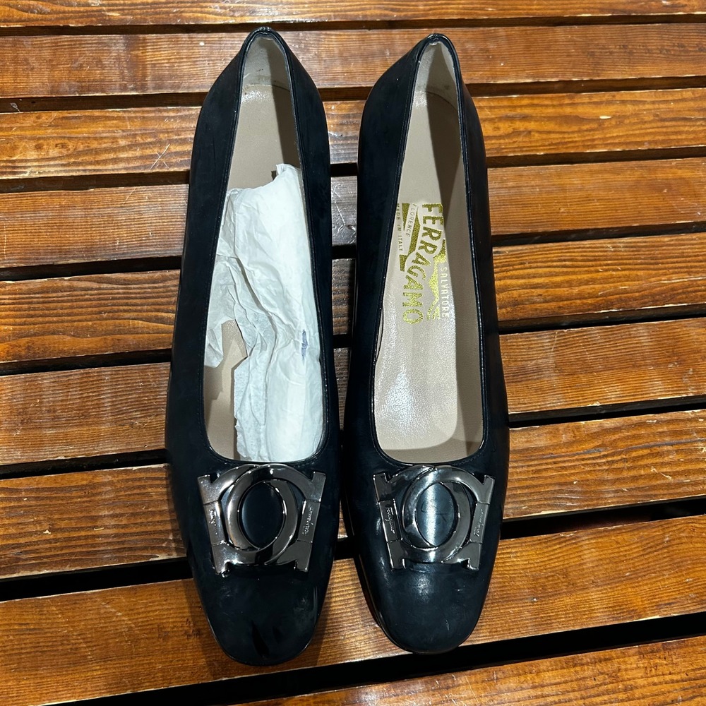 Salvatore Ferragamo Womens Black Leather Gancini Block Heel Pumps‎ DQ 61303 8.5B